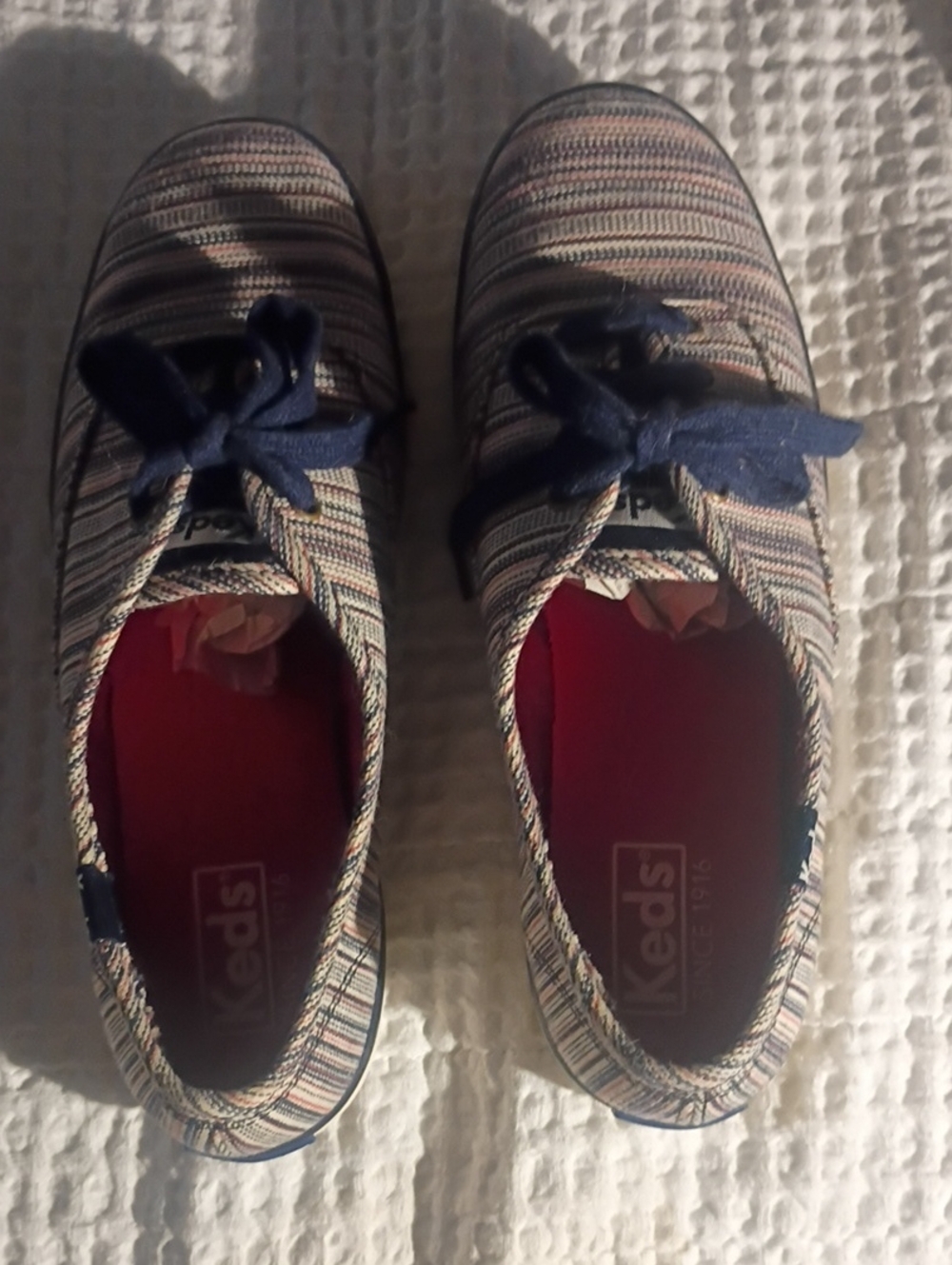 Keds  Women's Navy Stripe Canvas Sneakers with Red Insole